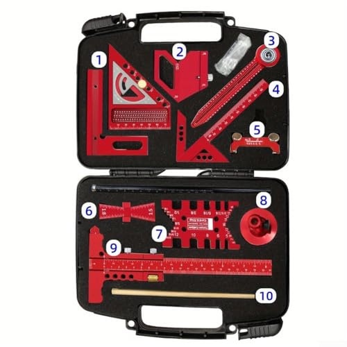 Kit di strumenti di misurazione per la lavorazione del legno, set di strumenti di misurazione con scatola portaoggetti, righello per falegnameria, per officina fai da te professionale (10 pezzi)