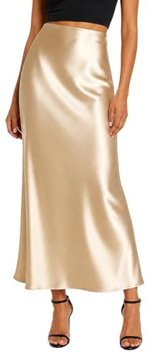 Supcomsta Womens Satin Maxi Skirt High Waisted Silky Long Skirt, Elastic Waist Elegant Slip Skirt for Casual Party