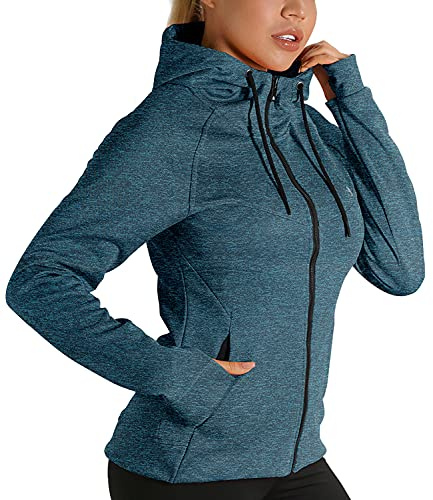 icyzone Giacca Sportiva Donna con Cappuccio,Felpa Termica con Zip e Fori per i Pollici (XL,Blu Reale)
