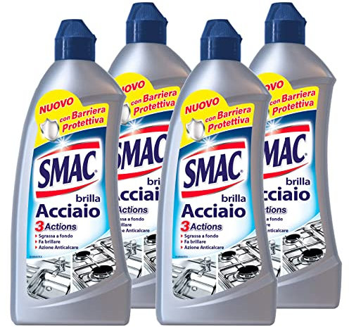 Smac - Brilla Acciaio, Detergente Crema, Azione Anticalcare e Lucidante, con Barriera Protettiva, 520 ml x 4 Pezzi