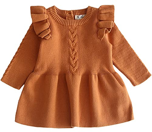 aromm Bébé Petites Fille Manches Longues Pullover Robe Tricot l'hiver Automne Robes Chemise Ebouriffé Marron,9-12 Mois