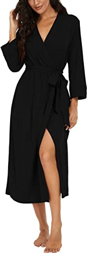 PrinStory Long Peignoir Bain Femme,Robe Vêtements De Nuit Kimono Léger,Col en V avec Ceinture, Idée Cadeau Femme (Noir, L)