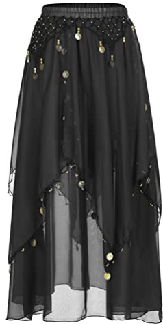 inhzoy Femme Jupe de Danse du Ventre Belly Jupe Longue Danse Orientale en Mousseline de Soie Foulard à Sequin Écharpe Costume Performance Dansewear Noir Taille Unique