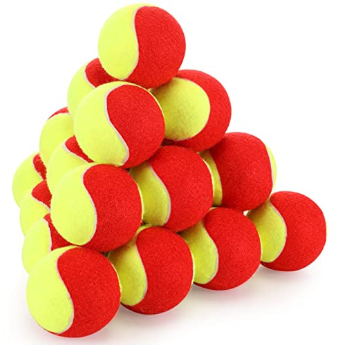 Hanaive 24 Pack Tennis Balls for Kids 75% Low Compression Stage Kids Tennis Ball Bulk for Beginners Machine Training Transition Practicing Pet Dog Playing Practice on Short 36 Foot Court(Red Yellow)