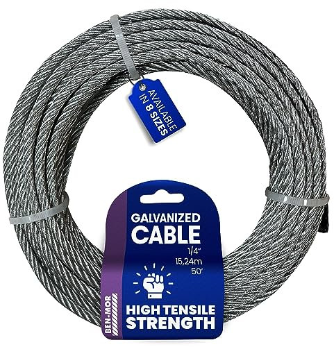 Galvanized Steel Cable for Fencing, Clothesline, Deck Railing, Pulley, Winch Loop – 1/4 in x 50 FT 7X7 Core Flexible Cable Wire Rope with 840 LBS Breaking Strength for Home and Industrial Use