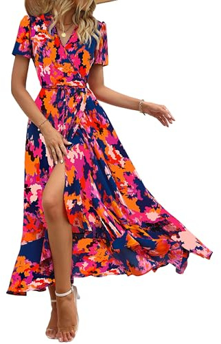 PRETTYGARDEN Women's Summer Wrap Maxi Dress Casual Boho Floral V Neck Short Sleeve Ruffle Hem Split Beach Long Dresses (Blue Orange Floral,Large)
