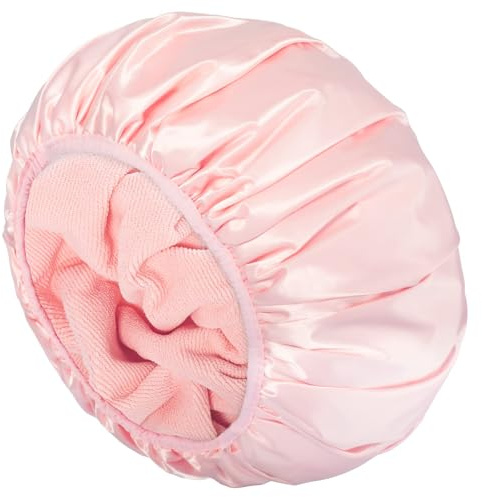 Aquior Shower Cap,Triple Layer Shower Cap for Women, Reusable Waterproof Bath Cap,Silky Satin Outer Layer Terry Lining, Extra Large for Women Long Hair(Pink)