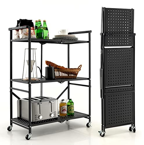 GIANTEX Carrello Portaoggetto Pieghevole, Scaffali con Ruote Bloccabili 3 Ripiani e Maniglie, Carrello con Ruote Portatutto per Cucina Soggiorno Corridoio