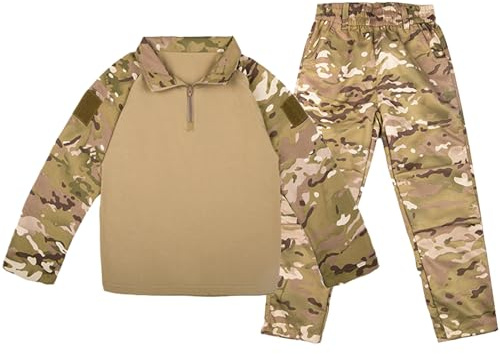 QIYUANT Enfant Ensembles T-Shirt & Pantalon Tactique Camo Airsoft Militaire Camouflage Printemps Été Automne Manche Longue Combat Chasse Randonnée Camping en Plein Air (CP/T-Shirt + Pantalon, 150)