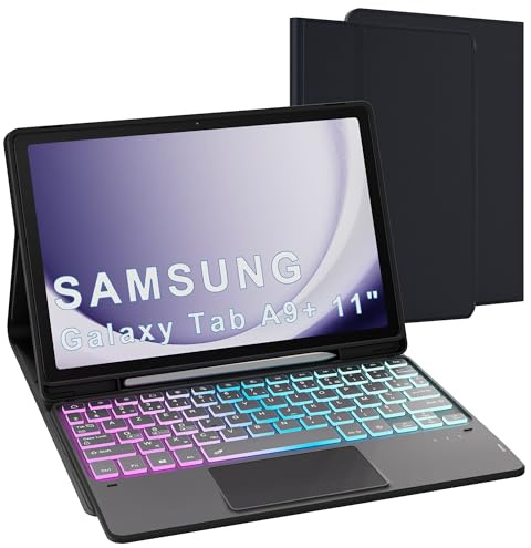 pour Samsung Galaxy Tab A9+ 11 pouces Étui avec clavier détachable - français AZERTY, Clavier rétroéclairé 3 zones 7 couleurs DIY avec pavé tactile - Étui clavier pour Galaxy Tab A9 Plus 11 2023