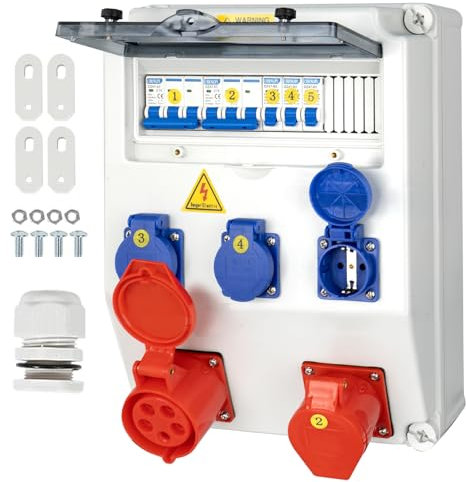 CHENGPI Distribuidor de Corriente para Construcción, Distribuidor de Pared para Obras con Disyuntor, 5P CEE Socket y Schuko Socket, Distribuidor de Consumo Eléctrico para Talleres y Fábricas