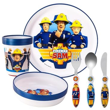 Ensemble de vaisselle et couverts pour enfants Zawadi Global - 6 pièces Sam le pompier - Assiette/Bol/Tasse/Couteau/Fourchette/Cuillère - Vaisselle pour enfants Multicolore Caricature