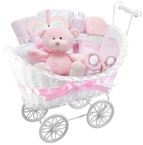 Pram Gift Hamper Basket, New Born Baby Boy/Girl Gift Storage Hamper Baby Shower Party Decoration New Mum to Be Gifts Empty Basket Toy Clothes Baby Accessorise Christmas Birthday Present (Pink)