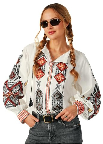 Generisch Vyshyvanka Blusa tradicional ucraniana para mujer, blusa de algodón bordada con patrón étnico, traje tradicional boho folklore, Blanco, L