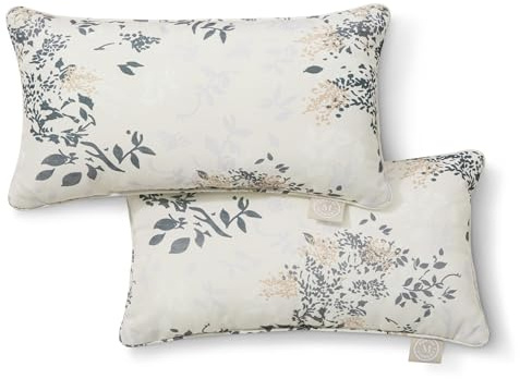 Martha Stewart Charming Foliage Indoor Outdoor Decorative Lumbar Pillow 2-Pack Set, UV Fade Resistant, Water Repellent, Printed Floral Design, Warm Grey, 11x18