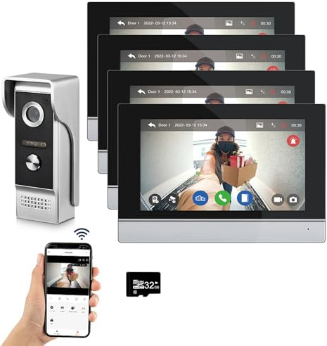 Sistema de intercomunicación de vídeo por cable Tuya WiFi 7 pulgadas de pantalla táctil 1080P timbre de la puerta inteligente Tuya APP Intercom Kit 2 desbloqueo de la puerta (1 Timbre+4 Monitor)