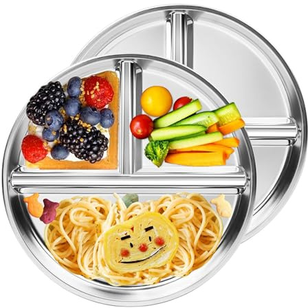 ZYEKIU 2 Pezzi Piatto in Acciaio Inox per Bambini, Piatti per Bambini Controllo delle Porzioni, Piatto Svezzamento 23 cm, Piatti Campeggio Antiscivolo per Campeggio Picnic Casa Scuola Mensa