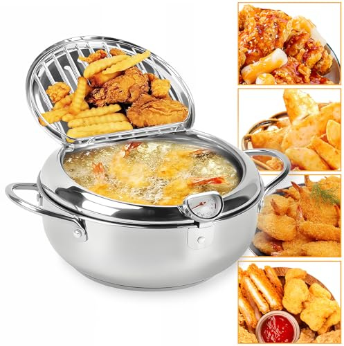 2.2L Marmite, Mini Friteuse, Marmite avec Tamis, Marmite à Huile Multifonctionnelle en Acier Inoxydable 304, Récipient à Huile avec Tamis pour la Cuisine