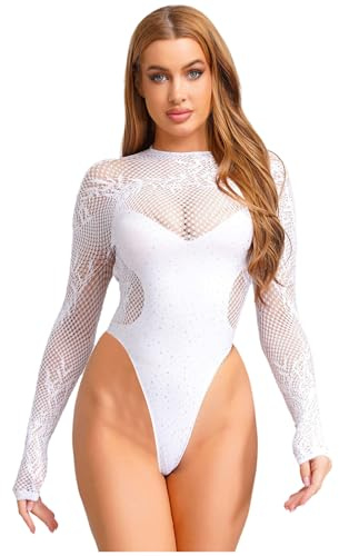 Mufeng Damen Glitzer Body Langarm Mesh Netzbody Rückenfrei Bodysuit Overall Strass Glänzend Stringbody Leotard Tops GOGO Rave Party Outfit Weiß Einheitsgröße