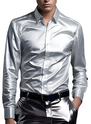 Long Sleeve Shirts for Men Satin Silk Shirt Shiny Untucked Business Dress T-Shirt Blouse Party Disco Formal Tops 2025 Camisa Casual para Hombre(Navy, S)