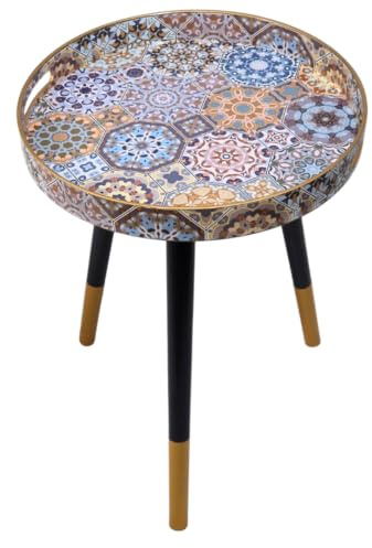 Heaven4you Round Side Table 38cm Boho Mosaic Black Gold Legs Small Spaces | 38cm wide, 50cm tall, 1.8kg. Black legs with gold tips. Raised rim, carry handles. Wipe-clean top. Bedside, sofa, balcony