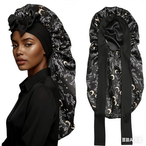 SECRET AROMA Gorro Largo de satén para Mujer, Reversible, de Doble Capa, de Seda Satinada para Dormir con Banda para Atar