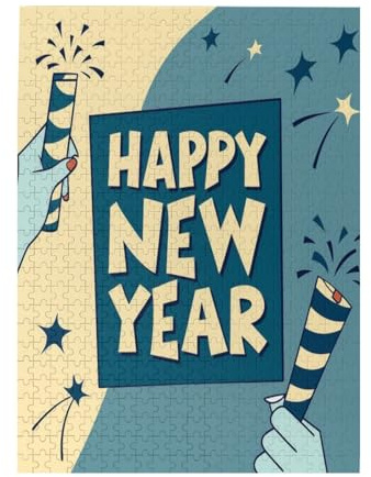 Happy New Year Bold Blue Yellow Handheld Confetti Cannons 500 Piece Wooden Puzzle Jigsaw Puzzle for Adults Friend Family Birthday Gift