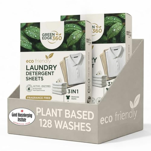 Green Edge 360 Laundry Detergent Sheets | Washing Strips | Up to 128 Loads | Plant-Based Plastic-Free Eco-Friendly Laundry Detergent Suitable for Sensitive Skin Works in Hot & Cold Washes Fragrance Free