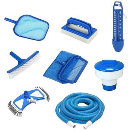 SPIDO - Destockage - Kit Entretien Piscine - Kit Nettoyage Piscine avec Épuisette, Brosse, Diffuseur Chlore, Thermomètre et Kit Aspiration Manuel (Kit Entretien 12M)