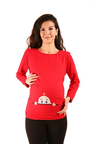 M.M.C. Bambino Curioso - Simpatica graziosa T-Shirt Premaman Manica Lunga per la Gravidanza (Rosso, Medium)