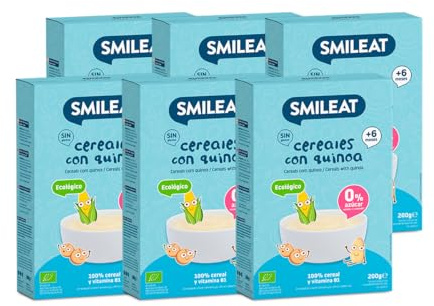 Smileat - Pack 6 Papilla para peques Ecológica de Cereales con Quinoa - Sin Azúcar Añadido y Sin Aditivos - Ingredientes Vegetales - Fácil de Diluir y Preparar