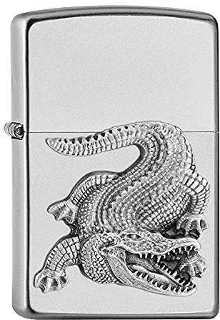 Zippo - Briquet tempête emblème Crocodile, Chrome brossé, Rechargeable, réutilisable, à Essence, Coupe-Vent, boîte Cadeau, fabriqué aux États-Unis