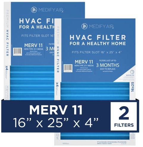 Medify Air 16x25x4 Filter - MERV 11 HEPA Air Cleaning (2-Pack) - Pleated HVAC AC Furnace Air Filters Replacement - Actual Size: 15.67 x 24.6 x 4.29 Inches (MERV 11, 2-Pack)