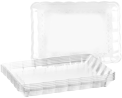 Gikisla Plastic Serving Platters Set of 6, Large Clear Plastic Serving Trays, Rectangle Reusable Platter Perfect for Christmas Parties Food Wedding Buffet