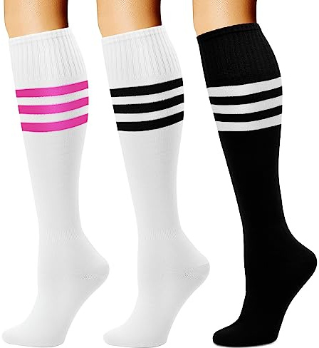DRESHOW 3 Paia Calzini Alti Al Ginocchio Colorati Calzini Al Ginocchio Alti Da Strega Casual Calzini Da Calcio A Righe Per Uomo Donna