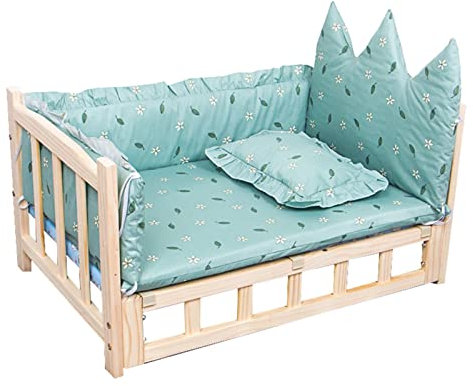 Hundebett Mittelgroßes/Großes Hochbett für Hunde mit Waschbarer Bettwäsche, Grünes Katzensofa aus Holz mit Zaun, Geeignet für 2,5 Kg/ 5,5 Lbs bis 40 Kg/ 88 Lbs (Color : Style1, Size : S-60x38x34cm/2