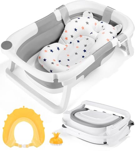 Baby Badewanne Faltbare Babybadewanne Babywanne,Kommt mit Wannenkissen, Duschkappe, Duschbürste, graue tragbare faltbare Badewanne, geeignet für Neugeborene und Kleinkinder
