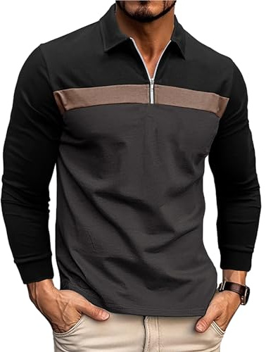 Ryehack Polo Homme Manches Longues à Col Zippé, Raglan et Couleurs Contrastées - Tee Shirt pour Golf et Rugby, Noir+Gris, L
