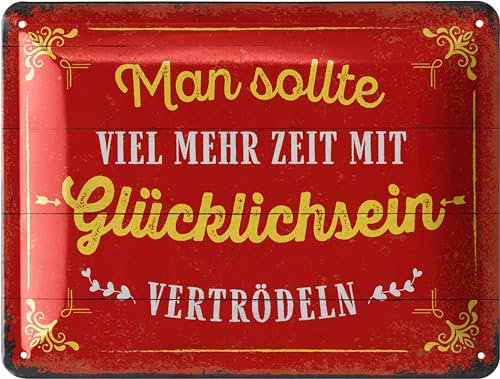 LANOLU Retro Blechschild 'Zeit mit Glücklichsein vertrödeln', vintage Metallschilder mit Sprüchen, Shabby Chic Deko Küche und Garten, lustige Schilder aus Metall 15x20cm