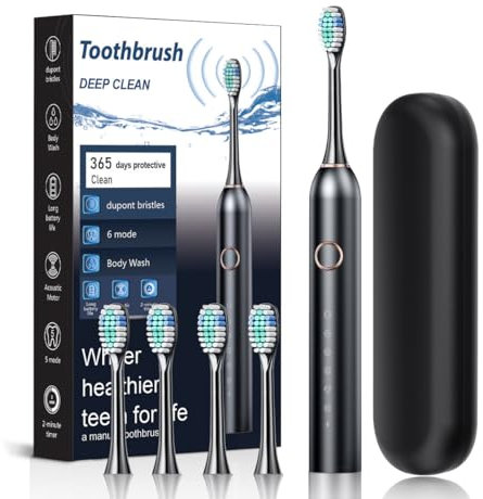 Spazzolino elettrico con 6 modalità, 4 testine di ricambio, spazzolino sonico ricaricabile via USB per la pulizia profonda, impermeabile IPX7, adatto a casa e in viaggio (Nero, Taglia unica)
