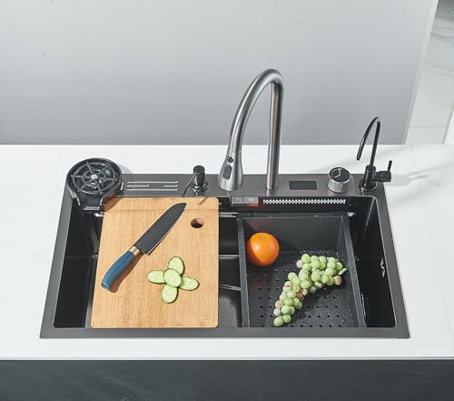 Evier Cuisine Evier Multifonction avec Haute Pression Bec Extractible et eau Pure Inox Rince Verr Automatique 1 Bac avec Egouttoir 75 * 45 * 22cm