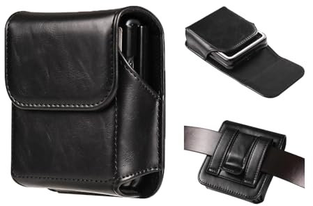 Leather Galaxy Z Flip Case with Belt Clip - Phone Pouch Holder for Z Flip 6/5/4/3 5G, Motorola Razr 2023/2022/2019 (Black)