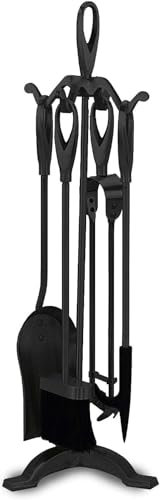 Unibos Fireside Companion Set 5 Piece Fireplace Tool Sets Iron Companion Wood Burner Fire Poker Brush Shovel Fire Tong Companion Sets Fire Companion Sets with Stand