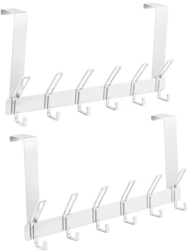 Over Door Hooks, 6 Hooks Over Doors Hanger 2 Pack Heavy Duty Coat Hooks with Rust Resistant Door Hook Coat Rack for Towels Jackets Purses Bags Clothes Robes (White)