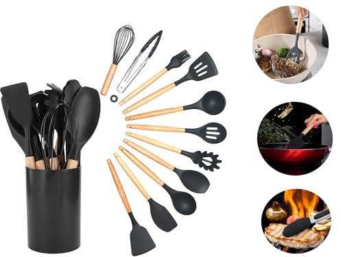 Juego Utensilios de Cocina de Silicona 12 Piezas sin bpa, set de utensilio de cocina antiaderente, Resistente al Calor y Antiadherente con Mango de Madera para cocina Utensilios sin BPA (Negro)