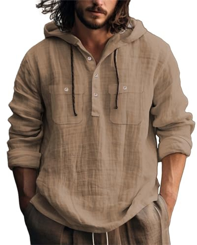 Camicia in Lino da Uomo Estiva Comode Felpe con Cappuccio Elegante Leggera Vacanze Magliette con Bottoni Tinta Unita Maniche Lunghe Camicia con Coulisse Traspirante Taglie Forti Henley Shirts