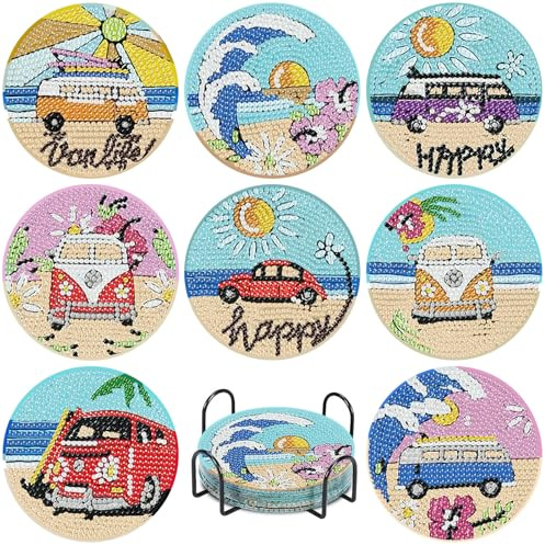 8 PCS Car Diamond Painting Coasters Kits, Coast Diamond Art Coasters with Holder Set of 8, DIY Diamond Art Painting for Home Decor Birthday Housewarming Gifts 3.9inch