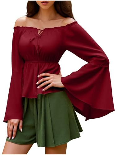 Blusa renacentista con hombros descubiertos para mujer, camiseta campesina de manga larga, disfraz victoriano medieval, perfecto para eventos temáticos y cosplay, rosso, S