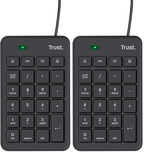 Trust Xalas Tastierino Numerico USB per Laptop e PC Desktop, Mini Tastiera Sottile con Filo, Cavo da 1,5 m, 5 Tasti in Più, Numpad Portatile Calcolo per Finanziaria Notebook Computer, Nero