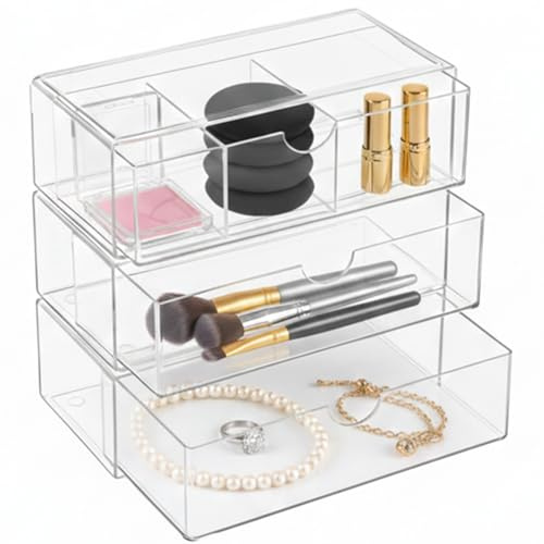 organizer cassetti,organizer trucchi,Acrilico, 3 Pezzi, Cassetti Impilabili, Organizzatore Da Bagno, Trasparente